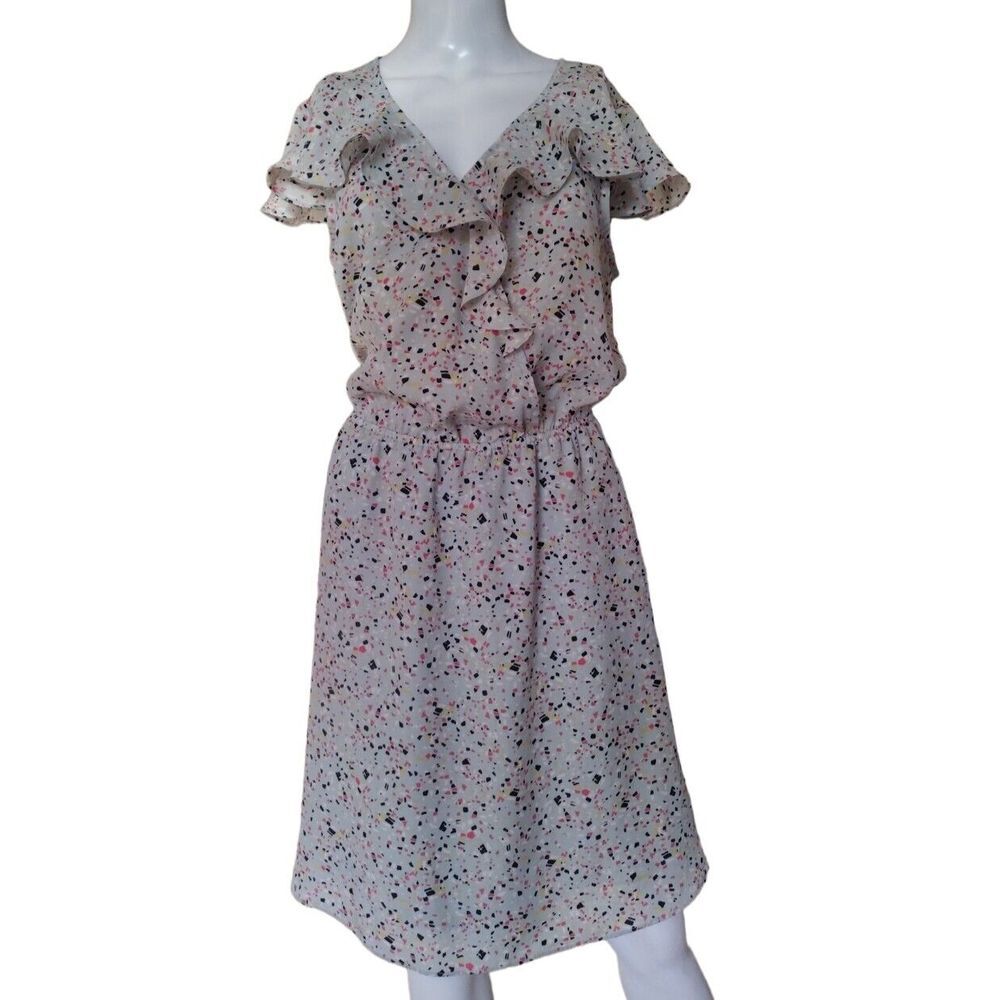 BCBG Dress Woman L Multicolor Ruffle Chiffon Lined Elastic Waist Confetti AOP‎